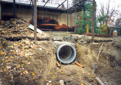 Výstavba venkovního výběhu lvů – na fotografii je tunel, kterým lvi procházejí do velkého přírodního výběhu (r. 1999)