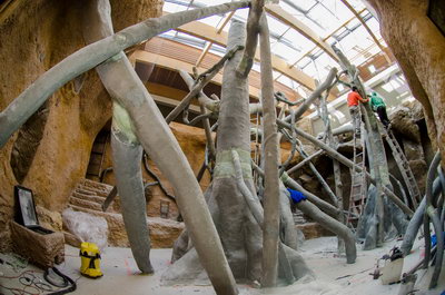 Instalace umělých stromů uvnitř pavilonu v expozici pro šimpanze (r. 2014)