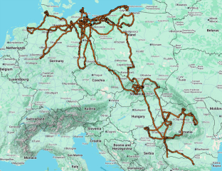 mapa przelotu młodgo orłosępa nad Europą